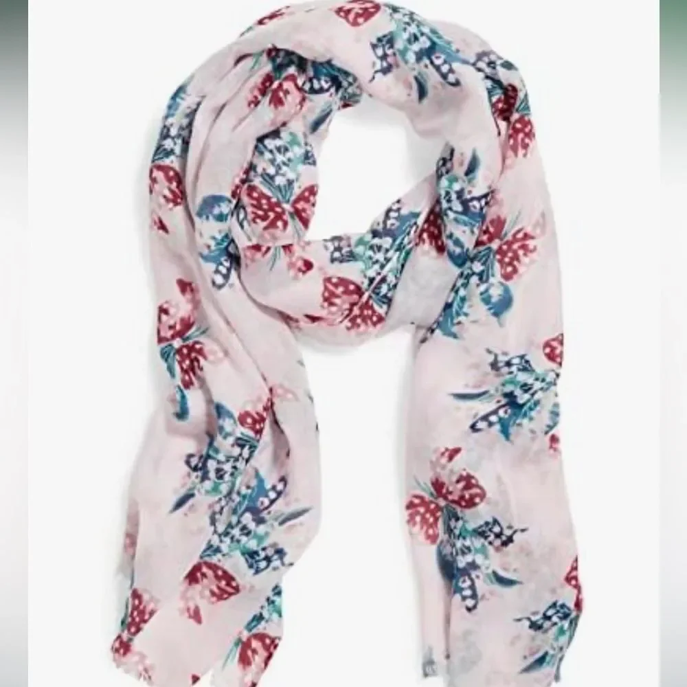 Vera Bradley Happiness Returns Pink Blue Lilly of the Valley Soft Fringe Scarf